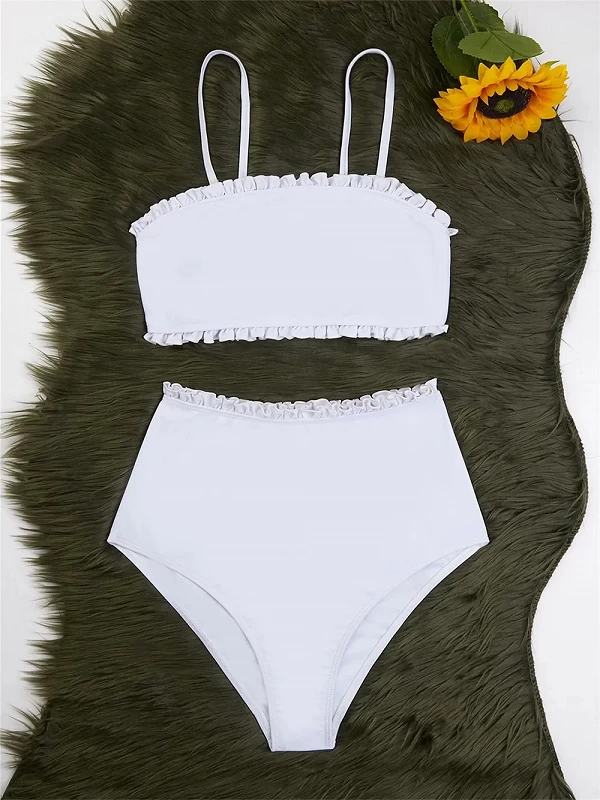 Maillot de bain blanc 2 pièces pour femmes, bikini froncé, taille haute, bretelles, tenue de plage, plus riche que sexy|16,11 €|OKKO MODE