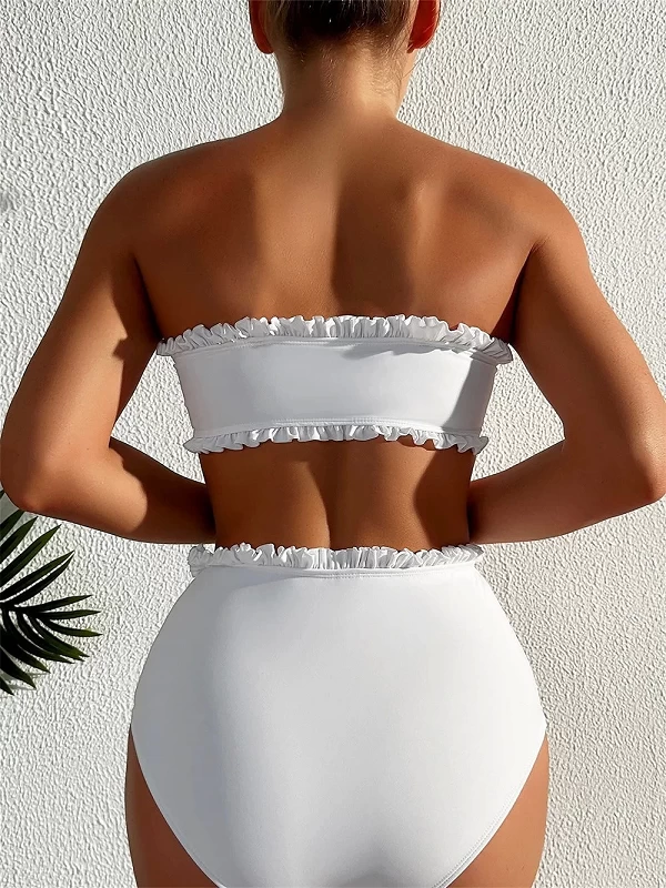 Maillot de bain blanc 2 pièces pour femmes, bikini froncé, taille haute, bretelles, tenue de plage, plus riche que sexy|16,11 €|OKKO MODE