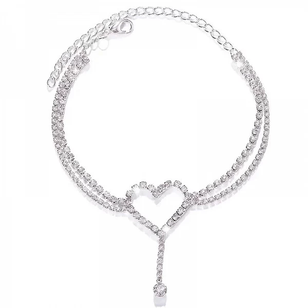 Bracelet de cheville avec pompon en forme de cœur pour femme, Bijoux de pied Strass double Doublés tennis|3,96 €|OKKO MODE