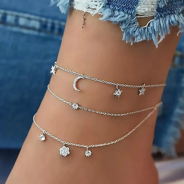 Bracelets de cheville à breloques pour femmes, bijoux plage bohème étoile lune rinçage sur jambe pi|3,01 €|OKKO MODE