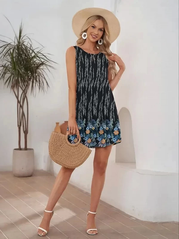 Robe de plage à imprimé floral simple et frais, longueur aux genoux, style de vacances en bord de mer, romantique, nouveau, été|8,99 €|OKKO MODE