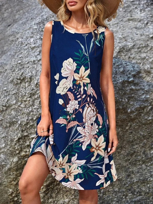 Robe de plage à imprimé floral simple et frais, longueur aux genoux, style de vacances en bord de mer, romantique, nouveau, été