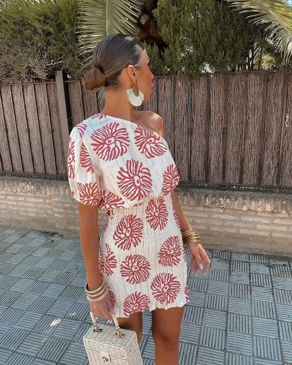 Mini robe plissée à col alertes onal pour femme, robe imprimée vintage, simple initié, manches courtes, chic, élégante