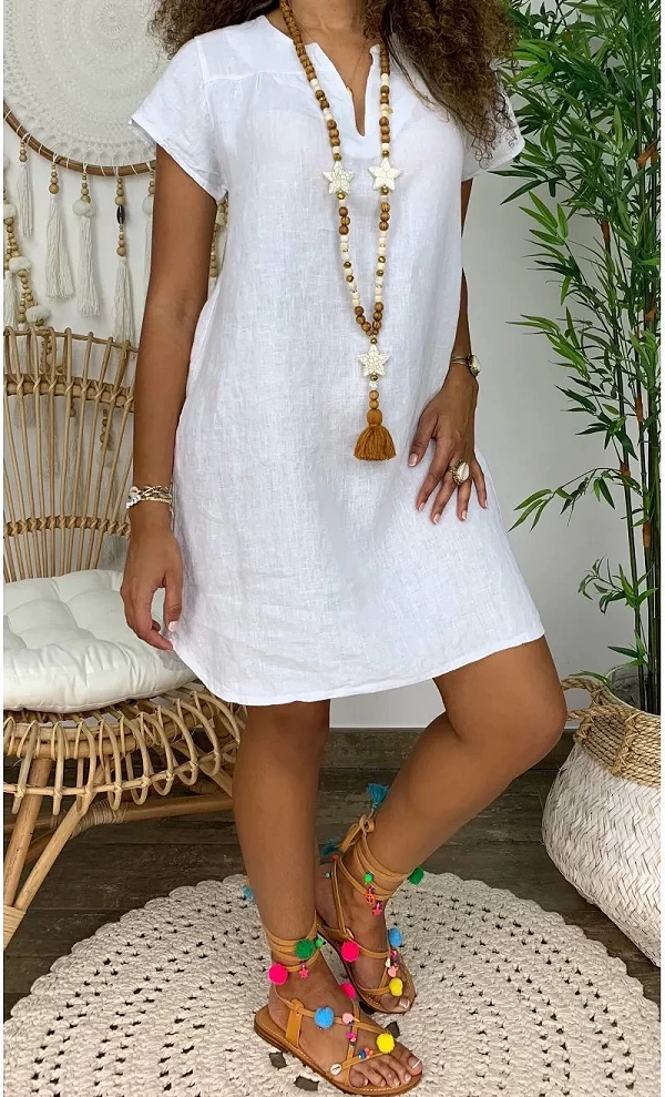 Vestido verano algodón y lino mujer, manga corta V