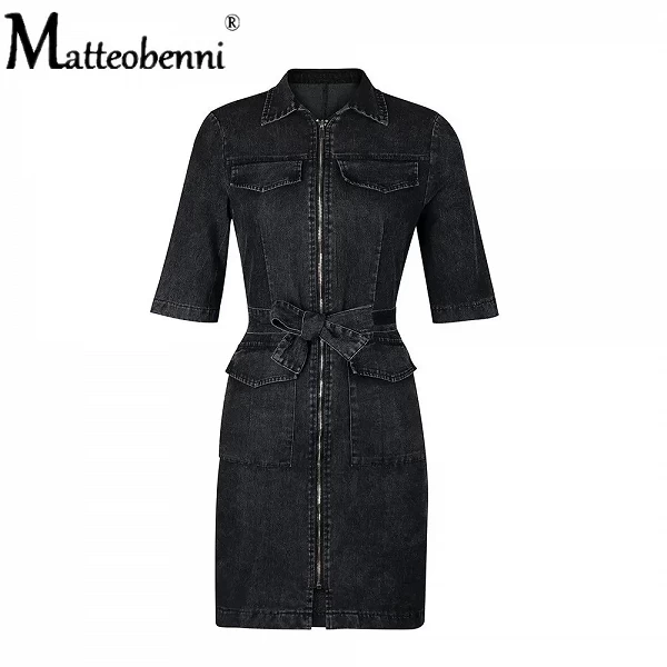 Robe en jean à col en V pour femme, mini robe en jean pour femme, manches courtes, fermeture éclair, élégante et décontractée|28,79 €|OKKO MODE