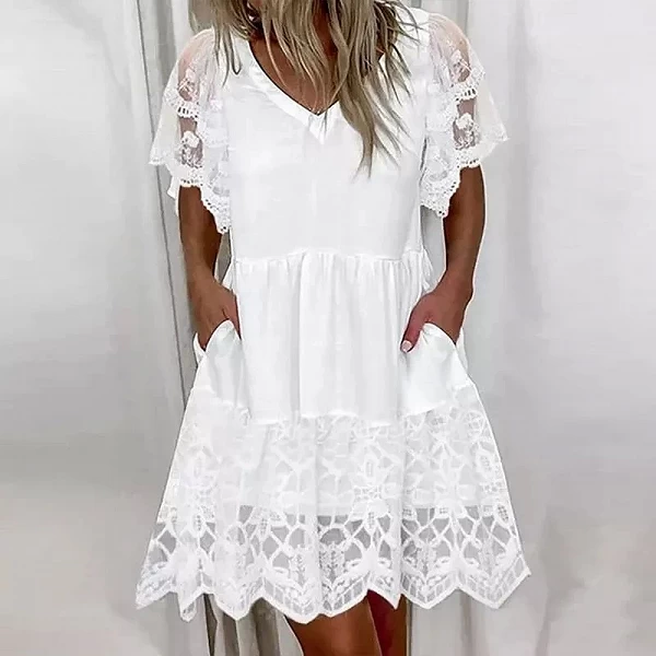 Robe en patchwork de dentelle blanche femme, décontractée, col en V, manches courtes, robe trapèze, mode Boho, robes de plage|11,95 €|OKKO MODE