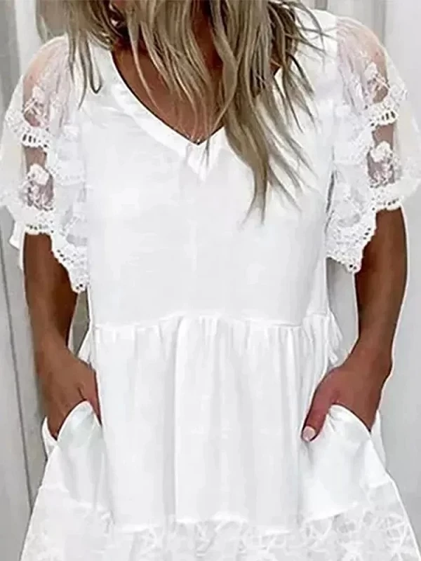 Robe en patchwork de dentelle blanche femme, décontractée, col en V, manches courtes, robe trapèze, mode Boho, robes de plage|11,95 €|OKKO MODE