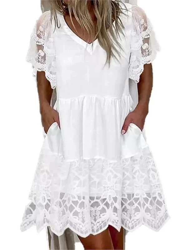 Robe en patchwork de dentelle blanche femme, décontractée, col en V, manches courtes, robe trapèze, mode Boho, robes de plage|11,95 €|OKKO MODE