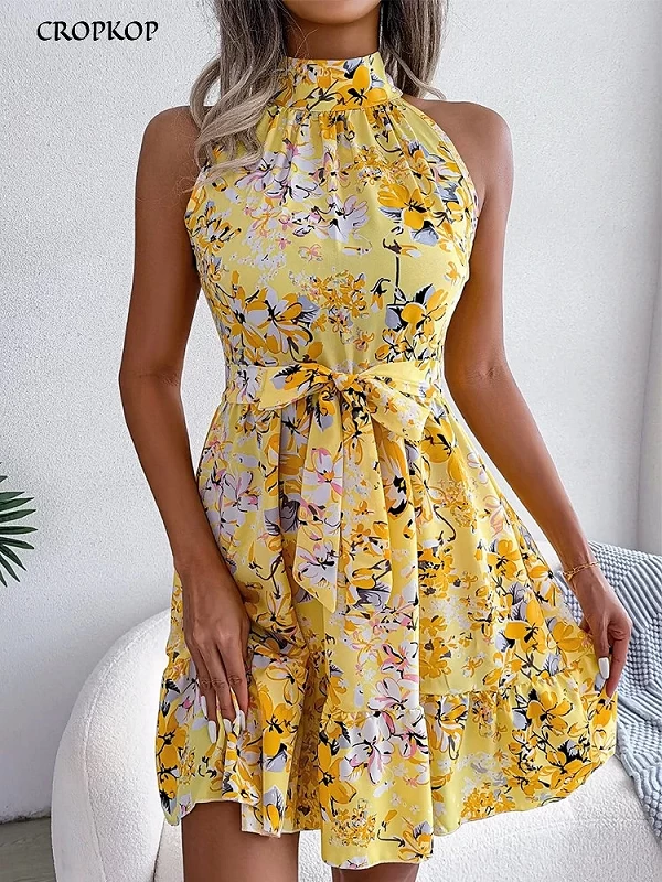 Robe courte sexy à imprimé floral pour femmes, robe d'été bandage, robe de plage décontractée, robes courtes à licou, vêtements