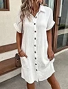 OKKO MODE|Robe Chemise à Manches Courtes pour Femme, Couleur Unie, Simple, Col Rabattu, Boutonnage Simple, Décontractée, Élégante, Été