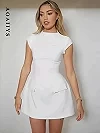 Mini robe blanche à manches courtes pour femmes, col rond, taille haute, mince, monochromatique, dame de bureau, mode élégante|15,29 €|OKKO MODE