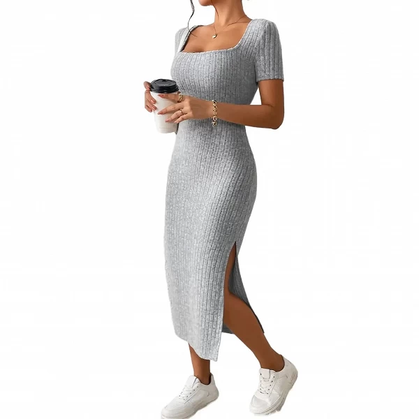 Robe d'été à col carré pour femme, jupe mi-longue couvrant les hanches, manches courtes, robe fendue en tricot polyvalente, 2024|12,99 €|OKKO MODE