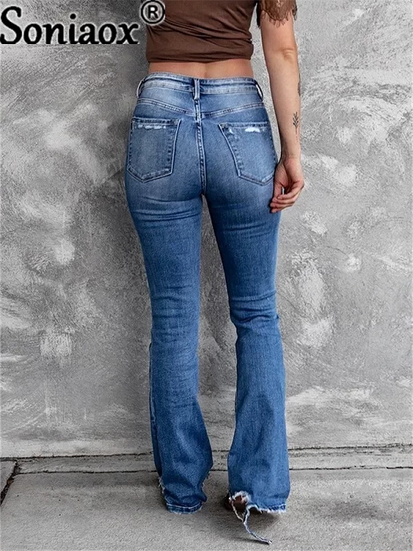 Jean slim taille haute pour femme, pantalon long, serré, déchiré, trou, micro évasé, skinny fjny|24,91 €|OKKO MODE