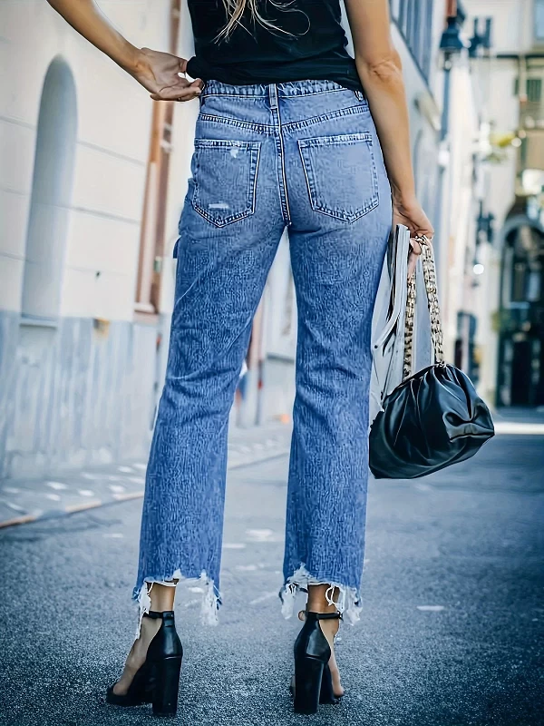 Jeans droits extensibles à trous déchirés, poches inclinées, ourlet effiloché, pantalons en denim, jeans bleu|23,04 €|OKKO MODE