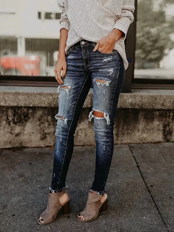 Jean déchiré et usé pour Femme, Slim à la Mode, Pantalon en Denim, taille haute jambes Étroites