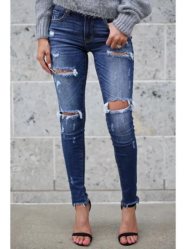 Jean déchiré et usé pour Femme, Slim à la Mode, Pantalon en Denim, taille haute jambes Étroites|26,46 €|OKKO MODE