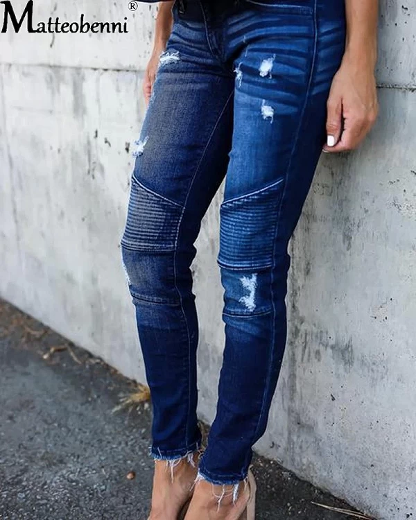 Jean skinny taille moyenne pour femme, pantalon en denim vintage, pantalon crayon détruit serti, jean déchiré bleu|25,92 €|OKKO MODE