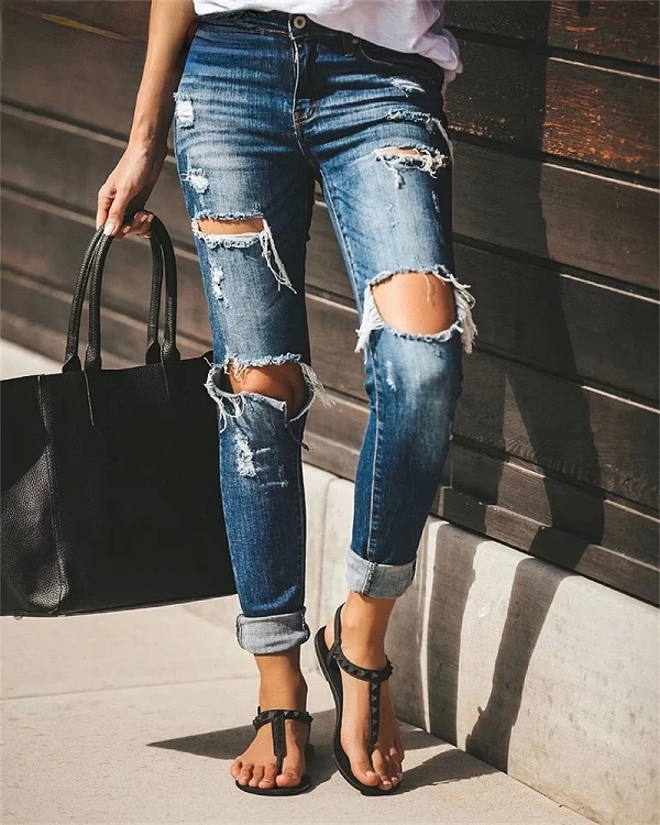 Jean usé taille haute pour femme, vêtements vintage décontractés, pantalon slim en denim foncé, jean skinny évidé