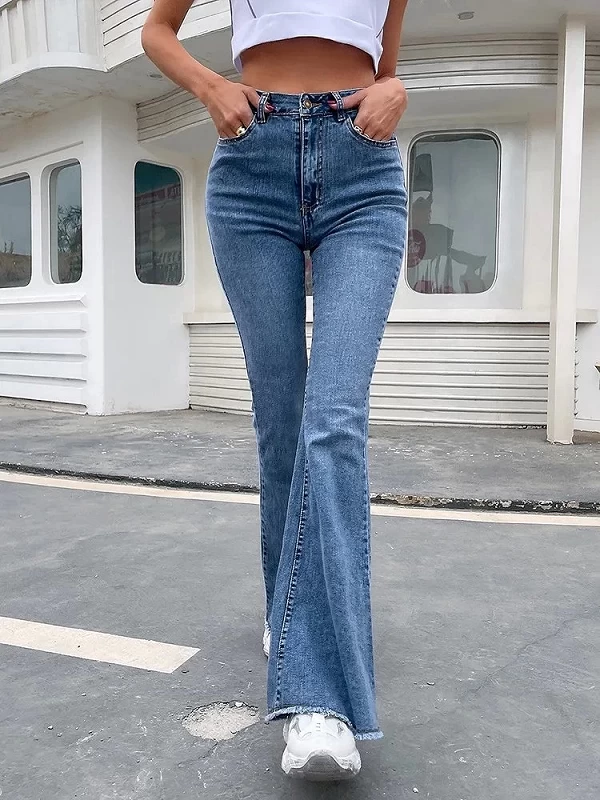 Jeans évasés à ourlet brut pour femmes, pantalon en denim bleu, taille haute, pleine longueur, jean slim noir