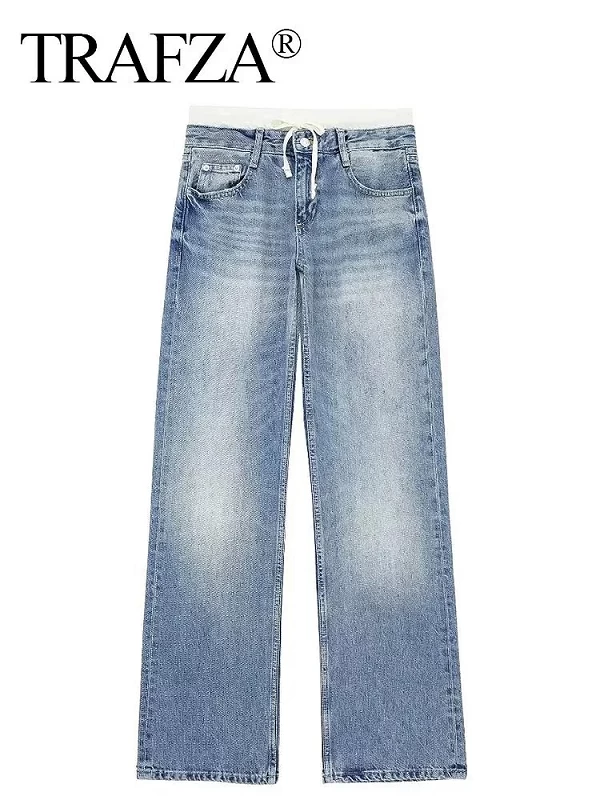 Pantalon en Denim Patchwork pour Femme, Jean à Lacets, Fermeture Éclair, Poches Décontracté, jean délavé|37,22 €|OKKO MODE