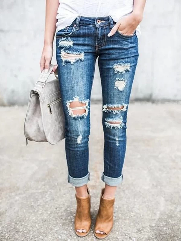 Calça jeans skinny rasgada feminina - Estilo streetwear