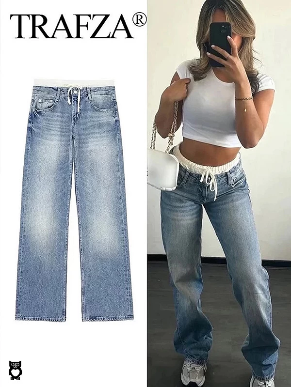 Denim Patchwork Damenjeans, Lace-Up Jeans mit Reißverschluss und lässigen Taschen, verwaschene Jeans.