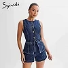 Ensemble en denim à simple boutonnage pour femmes, combi-short bleu en jean|44,99 €|OKKO MODE