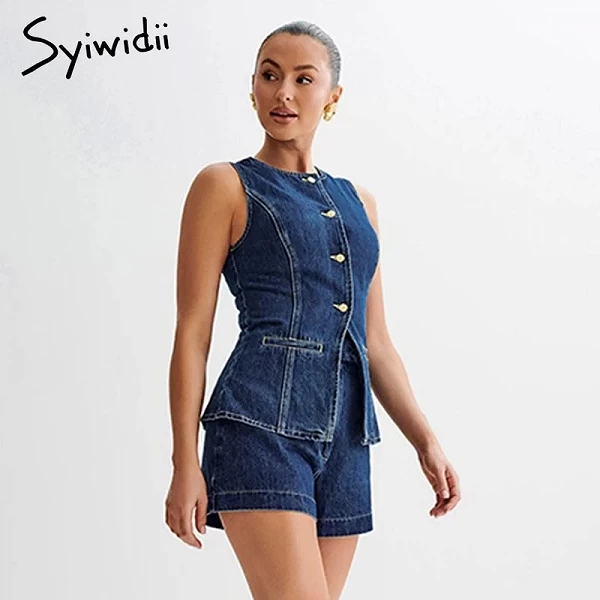 Ensemble en denim à simple boutonnage pour femmes, combi-short bleu en jean|44,99 €|OKKO MODE