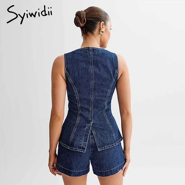 Ensemble en denim à simple boutonnage pour femmes, combi-short bleu en jean|44,99 €|OKKO MODE