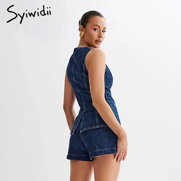 Ensemble en denim à simple boutonnage pour femmes, combi-short bleu en jean|44,99 €|OKKO MODE