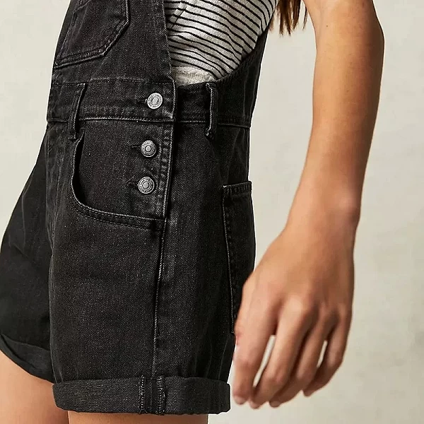 Combishort en jean taille haute pour femme, barboteuse en denim noir vintage, combinaisons chics, salopette baggy, short, mode|23,39 €|OKKO MODE