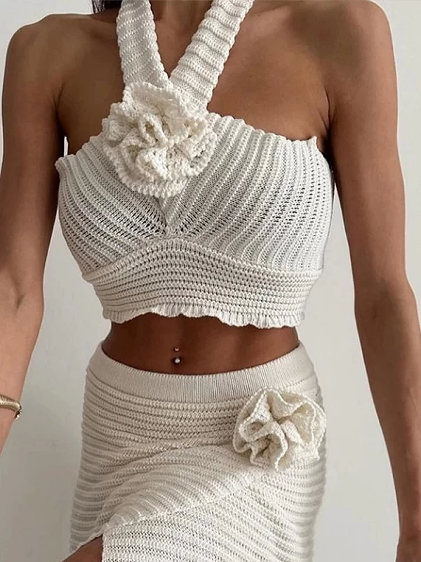 Ensemble jupe en licou et crochet 3D pour femmes, haut court dos nu, ensemble fendu avec jupe, tenue de vacance, 2 pièces|40,28 €|OKKO MODE