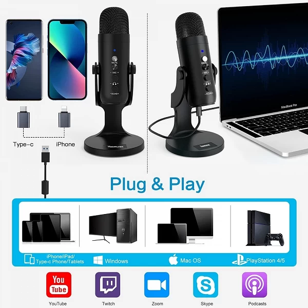 K66 – Microphone de jeu professionnel à condensateur, USB, pour PC, enregistrement Vocal en Streaming, Podcasting, Compatible av|41,39 €|OKKO MODE