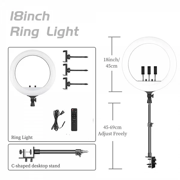 Kit d'éclairage ring light LED avec support, 18 pouces, 55W, lampe pour selfie, anneau lumineux pour studio de maquillage promet|44,23 €|OKKO MODE