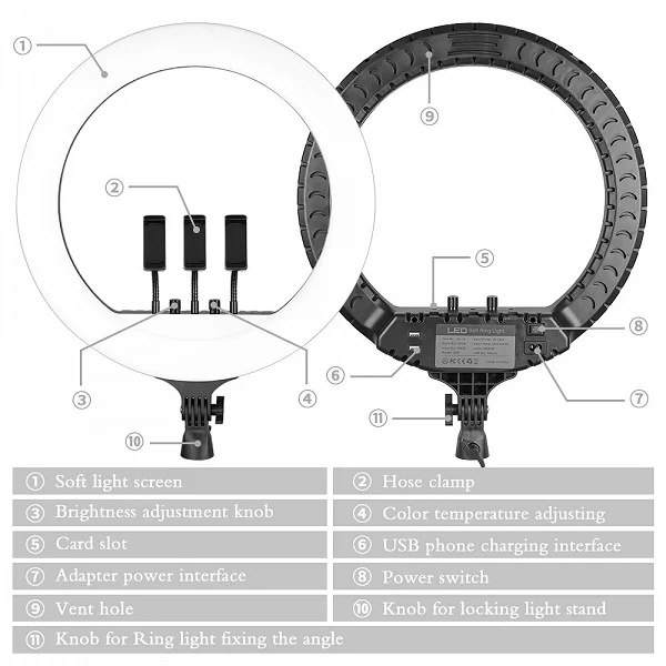 Kit d'éclairage ring light LED avec support, 18 pouces, 55W, lampe pour selfie, anneau lumineux pour studio de maquillage promet|44,23 €|OKKO MODE