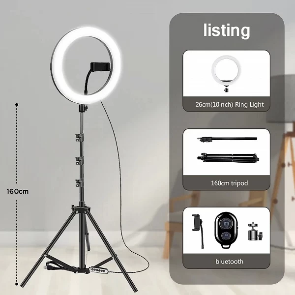 Anneau lumineux LED 10 "/26cm, intensité variable, avec trépied, lampe, éclairage annulaire pour selfie, photographie, vidéo, di|14,24 €|OKKO MODE