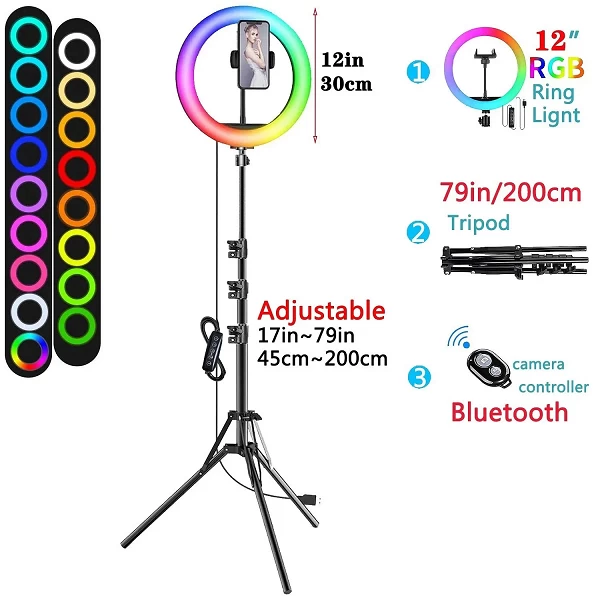 Anneau Lumineux RGB de 12 Pouces et 30cm pour Selfie, Trépied, Support de Téléphone, Photographie, Cercle Lumineux, Lampe pour D|40,25 €|OKKO MODE