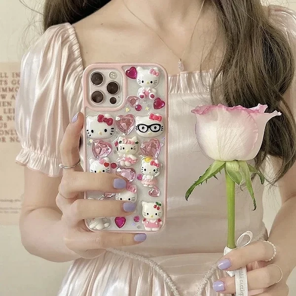 Coque de téléphone transparente diamant scintillant pour iPhone, coque antichoc mignonne Hello Kitty 3D Kawaii|7,02 €|OKKO MODE