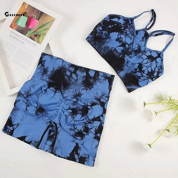 Conjunto de yoga sem costura para mulher, short ciclismo, top esportivo.