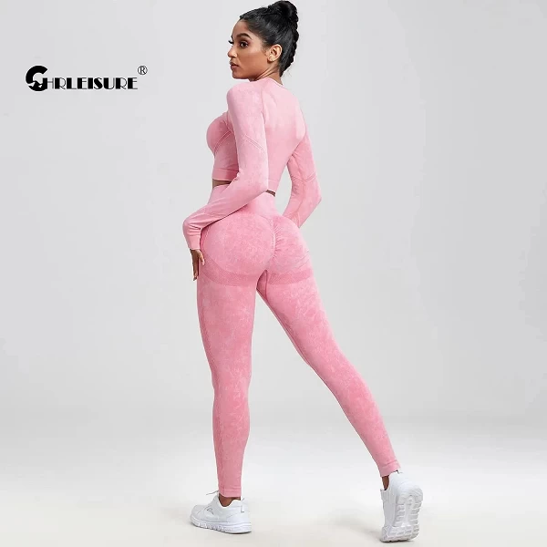 CHRLEISURE-Combinaisons de yoga sans couture pour femmes, ensemble de sport lavable, haut de fitness à manches longues, leggings|22,49 €|OKKO MODE