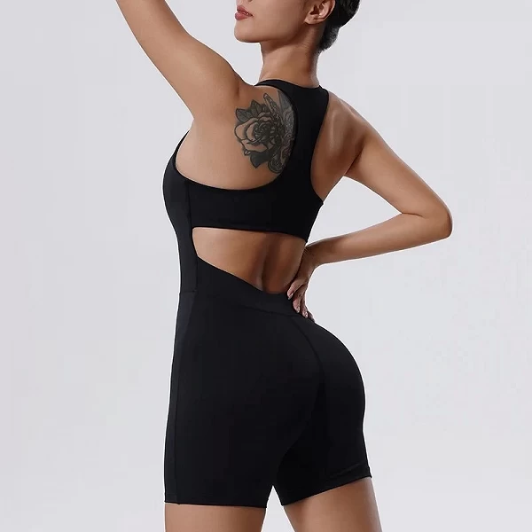 Combinaison de sport une pièce, barboteuse de yoga, sexy, dos nu, amissié, froissée, courte, tenue de gym, fermeture éclair, sal|18,06 €|OKKO MODE