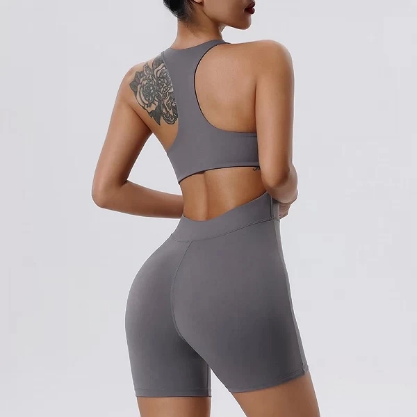 Combinaison de sport une pièce, barboteuse de yoga, sexy, dos nu, amissié, froissée, courte, tenue de gym, fermeture éclair, sal|18,06 €|OKKO MODE