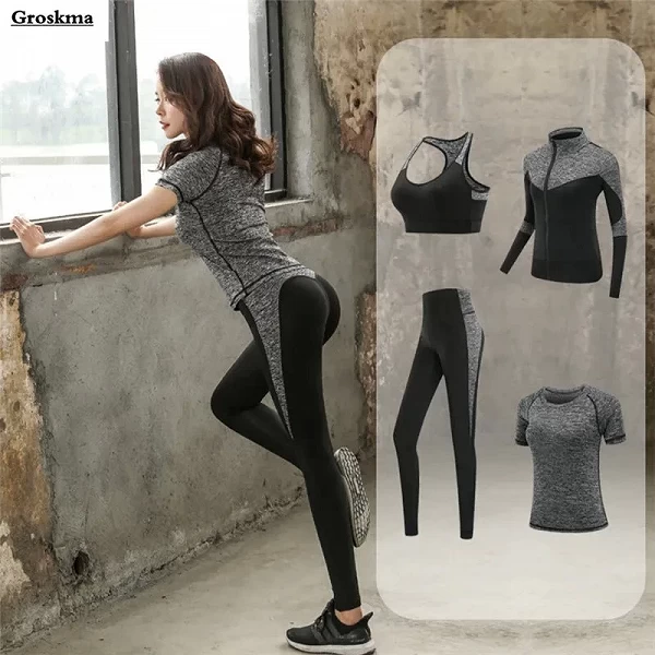 Ensemble de yoga à séchage rapide pour femme, vêtements de fitness, costume de gym, manteau, soutien-gorge, t-shirt, leggings, e|39,15 €|OKKO MODE