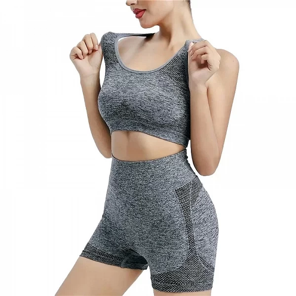 Conjunto de yoga sem costura para mulheres, shorts de ginástica e tops esportivos.