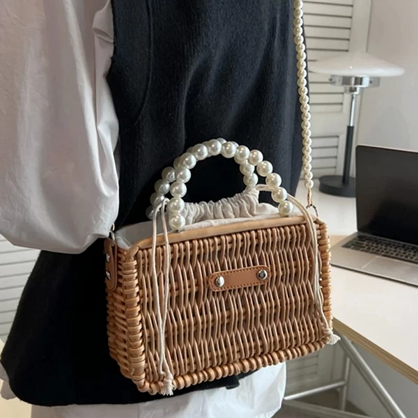 Sac à Main Tissé à la Main en Rotin pour Femme, Fourre-Tout à Perles, Simple, Décontracté, à la Mode, pour Voyage|17,99 €|OKKO MODE