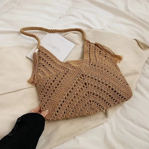 Sac de plage en maille tricotée pour femmes, fourre-tout tissé pour documents solides avec ficelle de proximité, sac à main de v|14,39 €|OKKO MODE