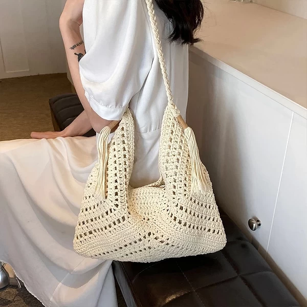 Sac de plage en maille tricotée pour femmes, fourre-tout tissé pour documents solides avec ficelle de proximité, sac à main de v|14,39 €|OKKO MODE