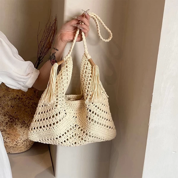 Sac de plage en maille tricotée pour femmes, fourre-tout tissé pour documents solides avec ficelle de proximité, sac à main de v|14,39 €|OKKO MODE