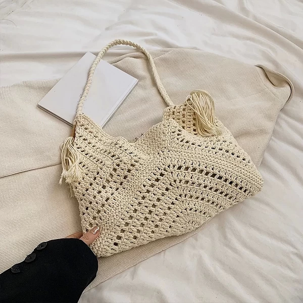 Sac de plage en maille tricotée pour femmes, fourre-tout tissé pour documents solides avec ficelle de proximité, sac à main de v|14,39 €|OKKO MODE