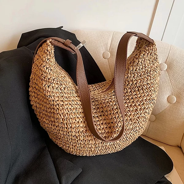 Sac demi-lune tissé en paille pour femme, sac initié au tissage, fourre-tout de grande capacité, pocommuniste, fermeture à gliss|13,49 €|OKKO MODE